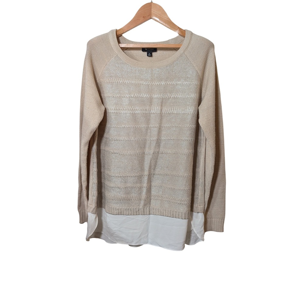 AB Studio Womens XL Oatmeal Metallic Stripe Layered Hem Sweater 047179G